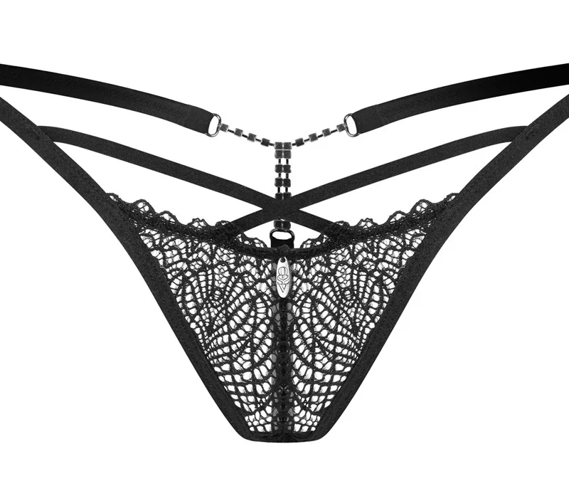 Obsessive Iliosa Lace String L/XL with Decorative Chains, Black