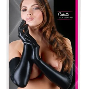 Cottelli Collection Wet Look Long Gloves S-L, Black, Shiny Finish