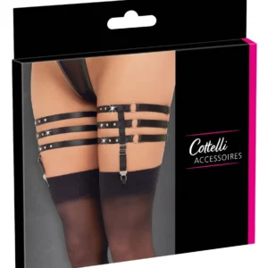 Cottelli Accessories Triple Adjustable Garters L/XL, Black Shine, Rhinestones