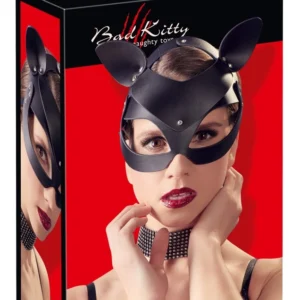 Bad Kitty Cat Mask Black Imitation Leather with Rhinestone Accents