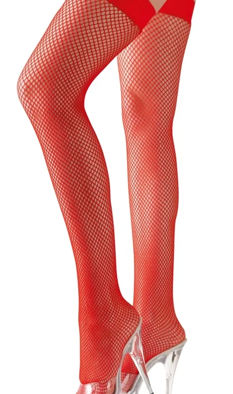 Cottelli Collection Hold-Up Net Stockings Red S with Silicone Band