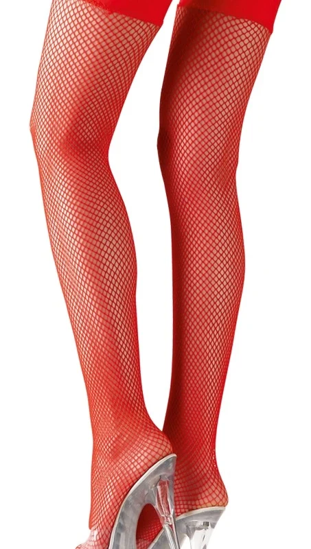 Cottelli Collection Hold-Up Net Stockings Red S with Silicone Band