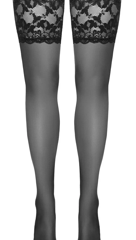 Cottelli LEGWARE Black Hold-Up Stockings with Wide Lace 20 DEN