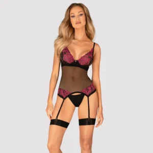 Obsessive Rosenty Set M/L - Black Mesh & Pink Lace, Adjustable Straps