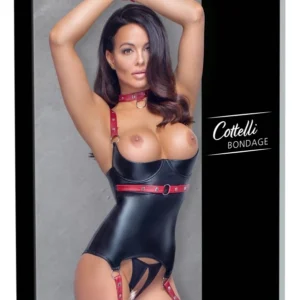 Cottelli BONDAGE Basque Set Black/Red L with Collar & Handcuffs