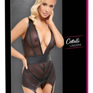 Cottelli LINGERIE Basque & String Set Black Powernet M Adjustable Straps