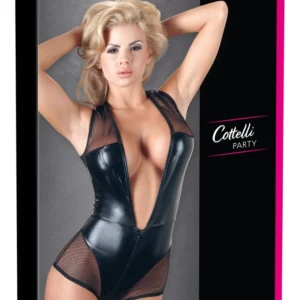 Cottelli Collection Black Wet Look Mesh Bodysuit with Front Zipper, M