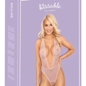 Kissable Bodysuit Pink L/XL - Delicate Lace & Powernet, Adjustable Straps