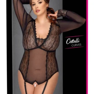 Cottelli CURVES Lace Powernet Bodysuit 2XL, Black, Detachable Suspenders