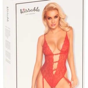 Kissable Suspender Body Red L/XL - Fine Lace, Gold Accents