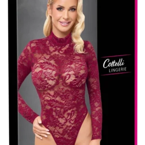 Cottelli LINGERIE Lace Bodysuit Bordeaux Red XL - Elegant Long Sleeve