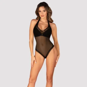 Obsessive Medilla Intimate Bodysuit XL/2XL Black Lace Halterneck