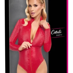 Cottelli PARTY Red Snakeskin Bodysuit S - Stretch Material, 3-Way Zip