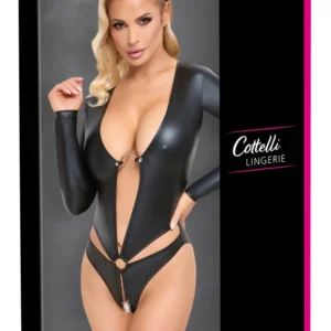 Cottelli LINGERIE Black Matte Long Sleeve Bodysuit, Open Front, S