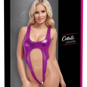 Cottelli Lingerie Metallic Pink Bodysuit L/XL - Shiny High-Leg Design