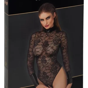 Noir Handmade Body Collar XL - Black Floral Lace Bodysuit with Stand-Up Collar