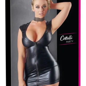Cottelli Collection Wet Look Dress M with Front 2-Way Zip, Black