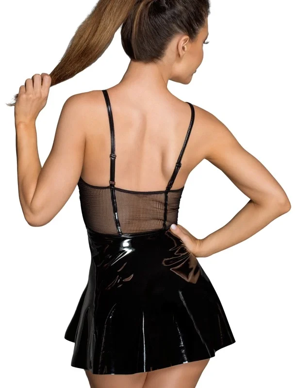 Noir Handmade Vinyl Mini Dress XL - Shiny Flared Party Outfit