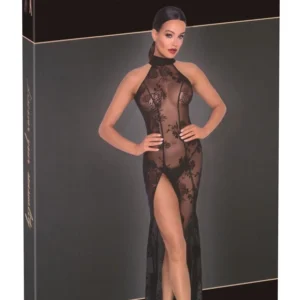 Noir Handmade Long Powernet Dress with Velvet Floral Pattern M