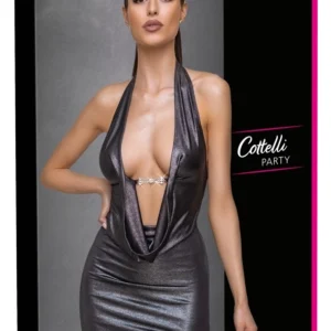 Cottelli PARTY Silver Mini Dress S - Shiny, Backless, Rhinestone Accent