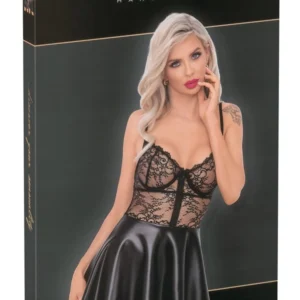 Noir Handmade Dress L - Elegant Lace & Wet Look, Adjustable Straps