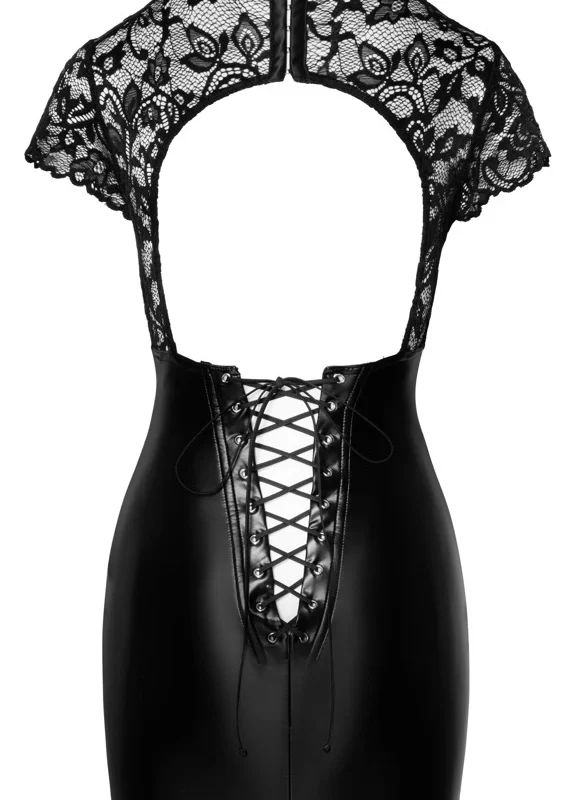 Noir Handmade Lace & Powerwetlook Dress L Black Elegant Fit