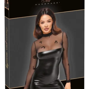 Noir Handmade Dress Flock XL - Elegant Powerwetlook & Velvet Mesh