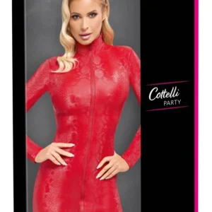 Cottelli PARTY Red Snakeskin-Effect Mini Dress S, Long Sleeve, Zip Front
