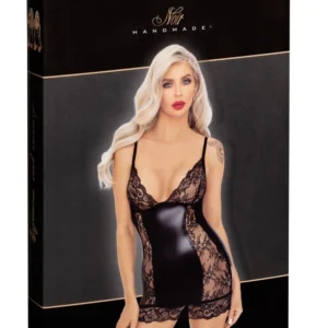 Noir Handmade Powerwetlook Mini Dress with Lace XL Black