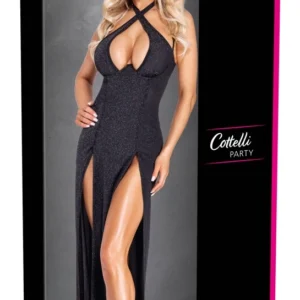 Cottelli PARTY ilga, blizganti suknelė XL, juoda, elegantiško dizaino su dideliu plyšiu
