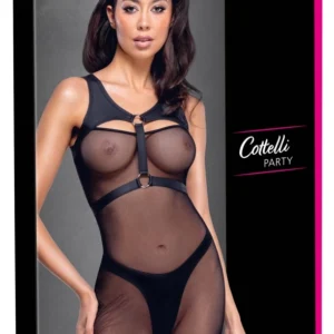 Cottelli PARTY Black Net Mini Dress with Matte Harness & Thong L
