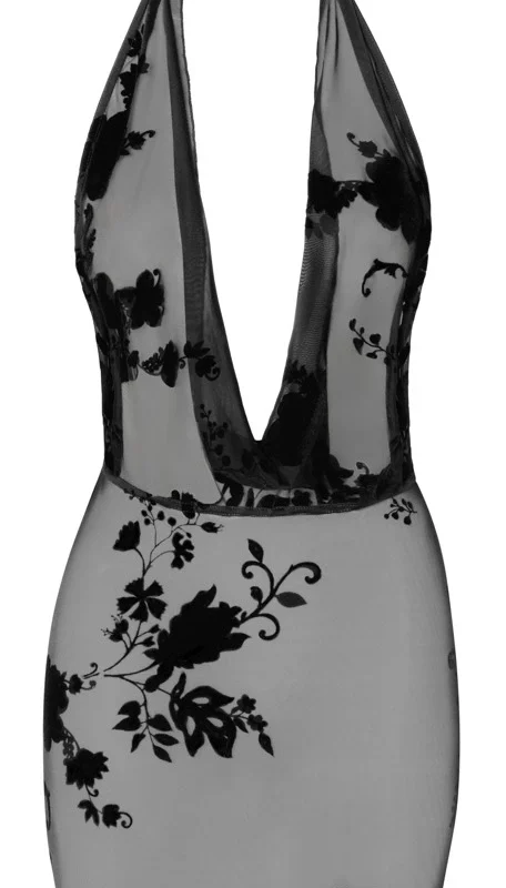 Noir Handmade Dress L Transparent Black Tulle Velvet Floral Chain