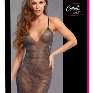 Cottelli PARTY Mini Dress S/M - Black Mesh with Colorful Rhinestones