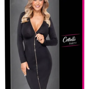 Cottelli PARTY Black Zip-Front Bodycon Dress, Long Sleeve, Size S