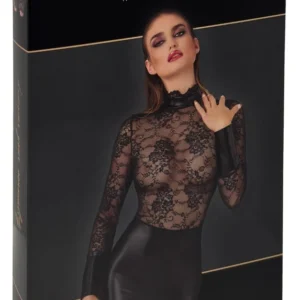 Noir Handmade Mini Dress XL with Stand-Up Collar and Lace Details