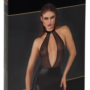 Noir Handmade Dress Sparkle L - Black Powerwetlook & Mesh Mini Dress