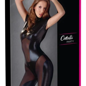 Cottelli Collection Jumpsuit Black Wet Look L with Powernet Inserts