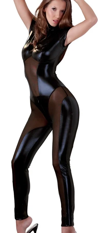 Cottelli Collection Jumpsuit Black Wet Look L with Powernet Inserts