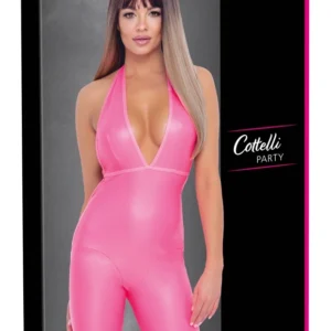 Cottelli PARTY Neon Pink Jumpsuit S - Shiny Halterneck Bodysuit