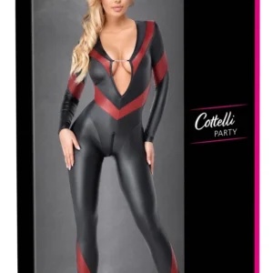 Cottelli PARTY Jumpsuit Black/Red M - Matt Stretch, 3-Way Zipper