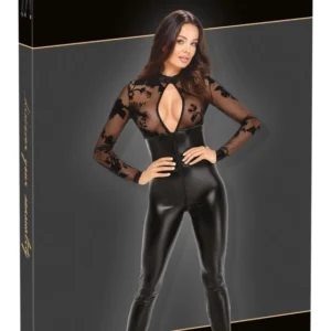 Noir Handmade Powerwetlook Jumpsuit S, Velvet Flock Top, Black