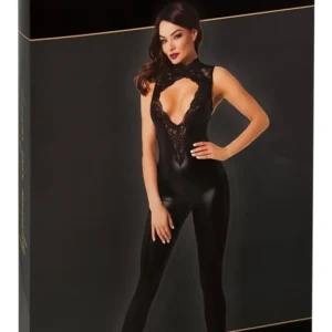 Noir Powerwetlook Jumpsuit XL with Lace Halterneck and Cut-Outs