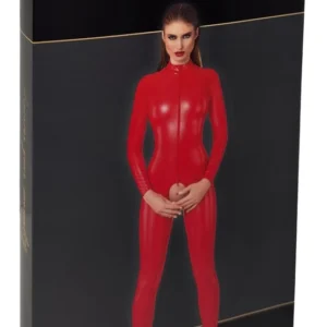 Noir Handmade Red Powerwetlook Jumpsuit S - Crotchless, Long Sleeve