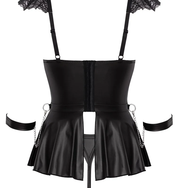 Cottelli BONDAGE Babydoll Set XL – nėriniai ir matiniai, reguliuojamos grandinėlės