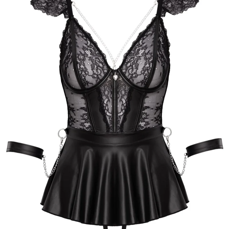 Cottelli BONDAGE Babydoll Set XL – nėriniai ir matiniai, reguliuojamos grandinėlės