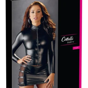 Cottelli Collection Long Sleeve Top Zip Black XL - Fitted Matte Finish