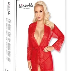 Kissable Red Kimono S/M with Gold Lace and Satin Belt
