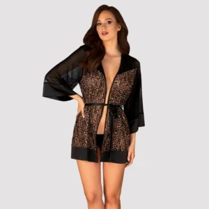 Obsessive Allunes Peignoir 2XL/3XL Black Satin Animal Print Robe