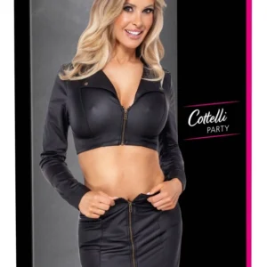 Cottelli PARTY Matte Black Club Set - Crop Jacket & Mini Skirt, Size M