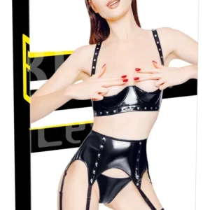 Black Level Vinyl Shelf Bra Set L - Glossy 3-Piece Adjustable Lingerie